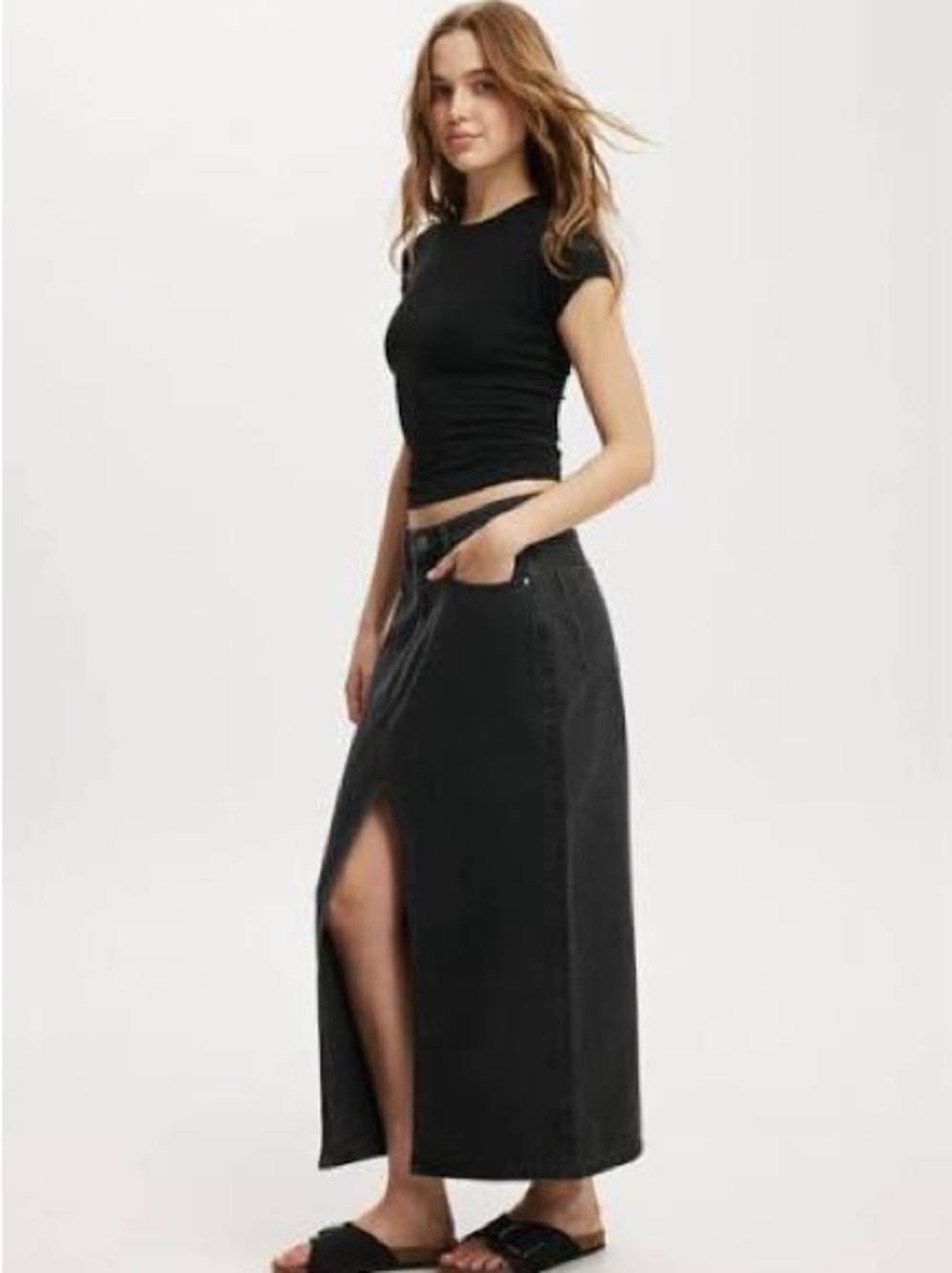 Cotton On Black Maxi Denim Skirt with Front Slit